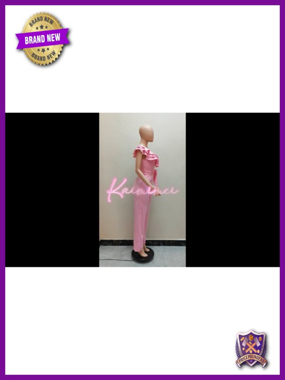 Ruffle One Shoulder Jumpsuit with Pockets, Wide Leg, Adjustable Strap, V-Neck, - Picture 6 of 6